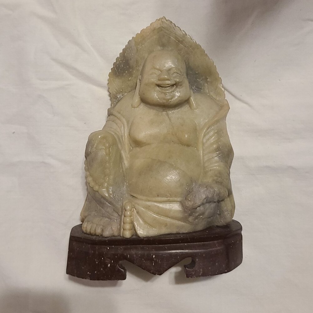 VTG Hand Carved Stone Laughing Buddha On Brown Marble Stand. 6" x 4 3/8 Wide